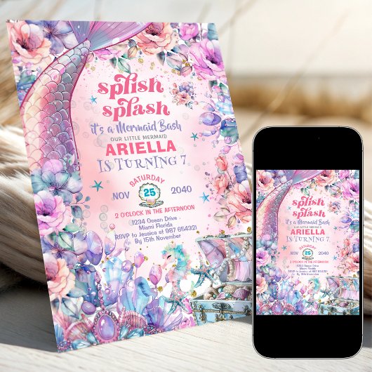 Flower Glitter Mermaid Tail 7th Birthday  招待状