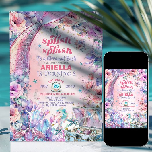 Flower Glitter Mermaid Tail 8th Birthday 招待状