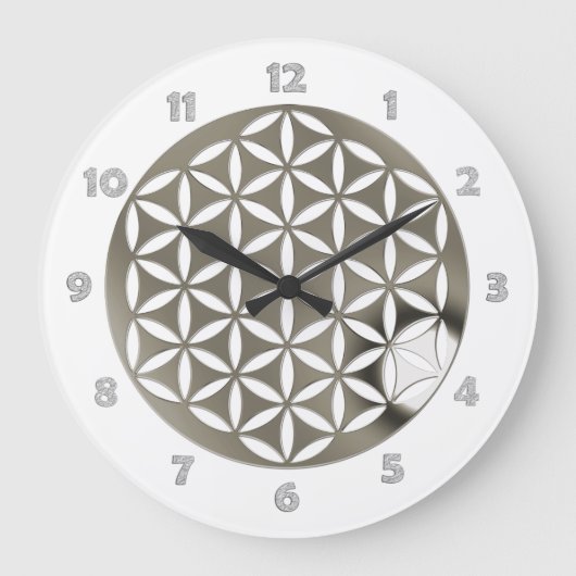 FLOWER OF LIFE -銀色+時計の顔番号 ラージ壁時計 (正面)