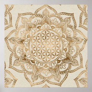 Flower of Life in Lotus – パステルゴールドとキャンバス ポスター