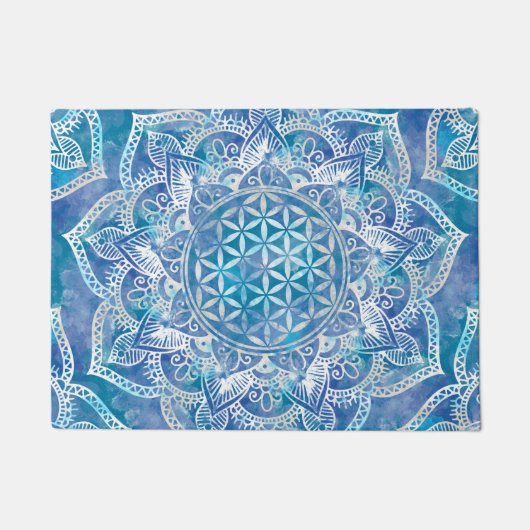 Flower of Life in Lotus – 水彩青 ドアマット (正面)