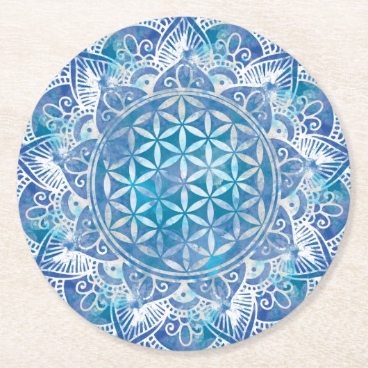 Flower of Life in Lotus – 水彩青 ラウンドペーパーコースター (正面)