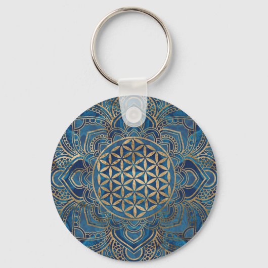 Flower of Life in Lotus – 青い大理石と金ゴールド キーホルダー (正面)