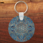 Flower of Life in Lotus – 青い大理石と金ゴールド キーホルダー (正面)