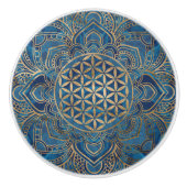 Flower of Life in Lotus – 青い大理石と金ゴールド セラミックノブ (正面)