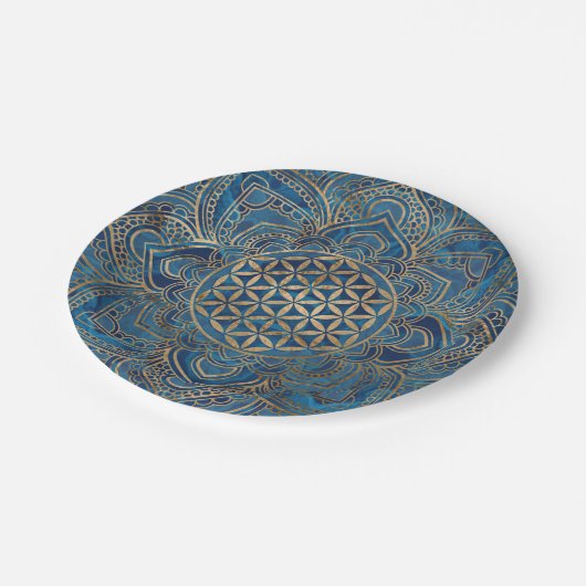 Flower of Life in Lotus – 青い大理石と金ゴールド ペーパープレート (アングル)