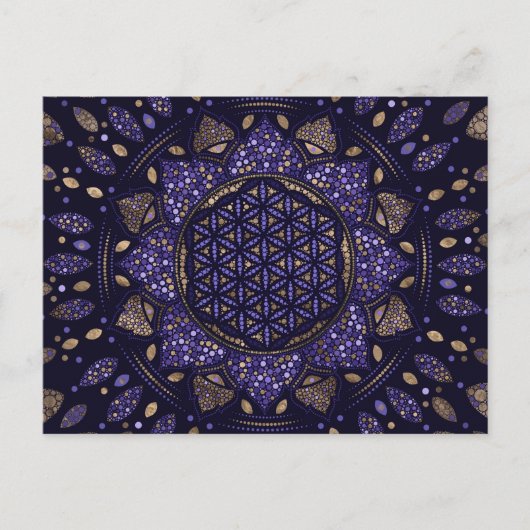 Flower of Life in Lotus Dot Artのプリンと金ゴールド ポストカード (正面)