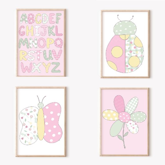  Flower on White Background Quilt Art Print Set ポスター