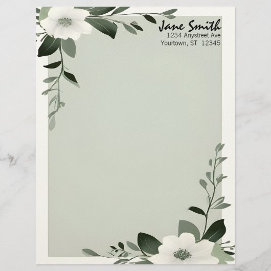 Flower Overlay Sage Green Personalized Stationery レターヘッド (正面)