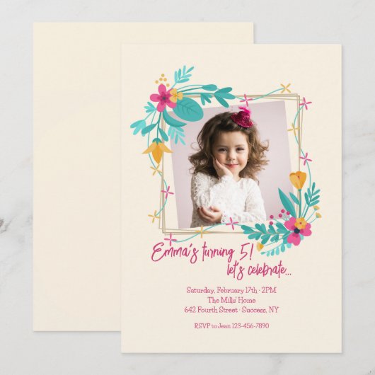 Flower Photo Frame for Girls 招待状 (正面/裏面)