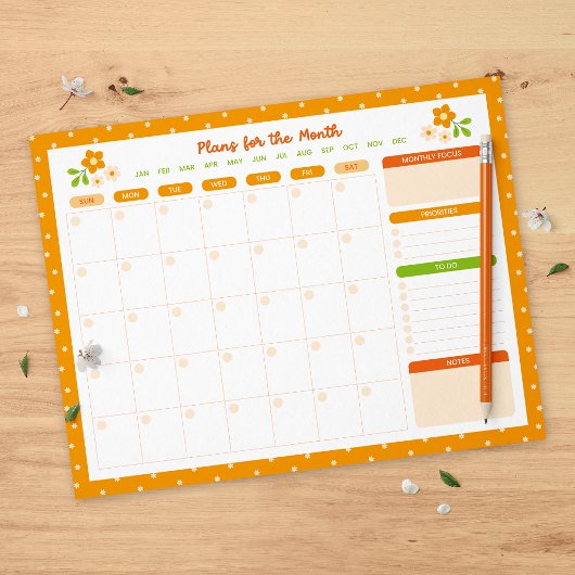 Flower Polka Dots Monthly Sunday Start Planner ノートパッド