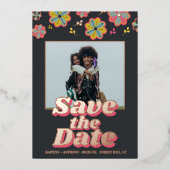 Flower Power 70のレトロGroovy Photo Save The Date 箔招待状 (正面)