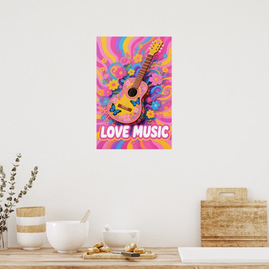 Flower Power Guitar Pop Art ポスター (キッチン)