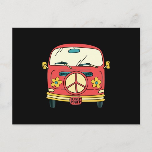Flower Power Peace Sign Vintage Microbus Van 案内ポストカード (正面)