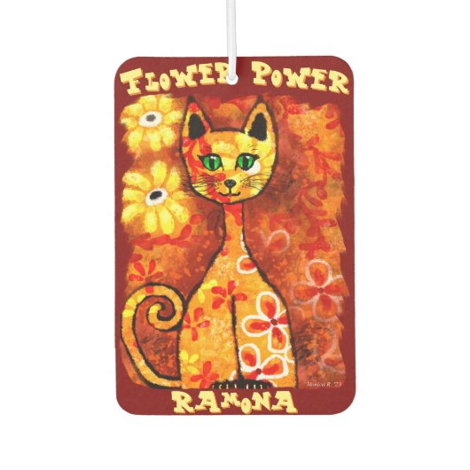Flower Power Retro Whimsical Cat Personalized カーエアーフレッシュナー (正面)