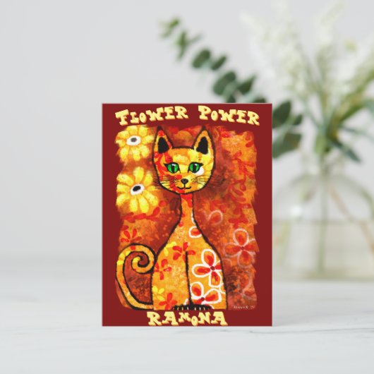Flower Power Retro Whimsical Cat Personalized ポストカード (スタンド正面)