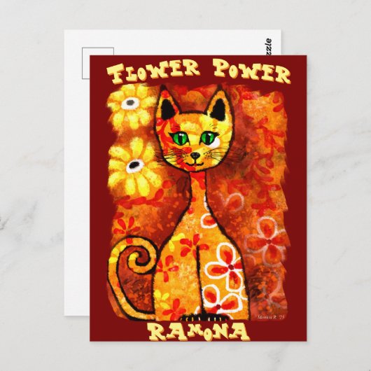 Flower Power Retro Whimsical Cat Personalized ポストカード (正面/裏面)