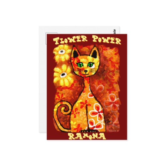 Flower Power Retro Whimsical Cat Personalized ポストカード (正面/裏面インサイチュ)