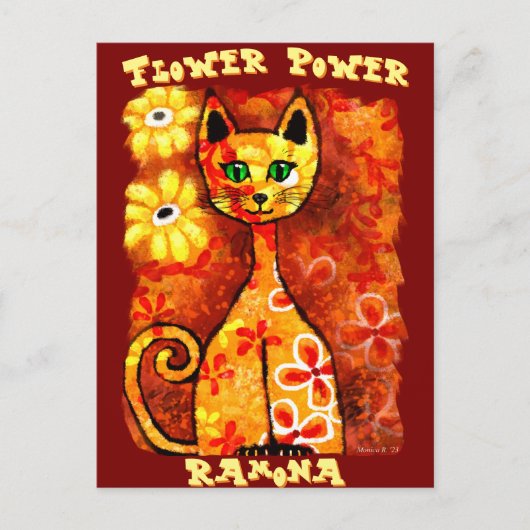 Flower Power Retro Whimsical Cat Personalized ポストカード (正面)