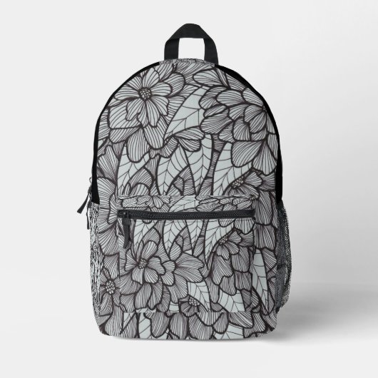 Flower Print Backpack With White Gray Black Art プリントバックパック (正面)