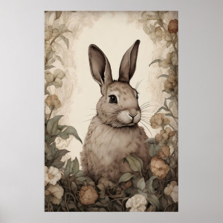 Flower Rabbit Bunny Print, Rustic Hare Cottagecore ポスター