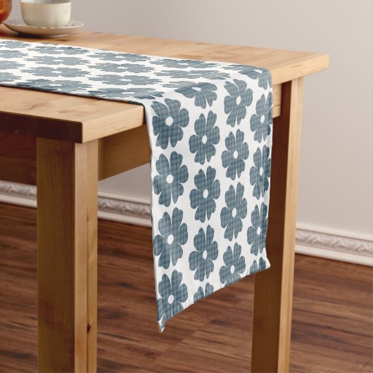 Flower Shape Plaid Blue Gray Table Runner ショートテーブルランナー (インサイチュ)