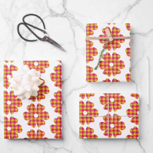 Flower Shape Plaid Yellow Orange Pink ラッピングペーパーシート (正面)