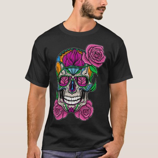 Flower Skull Sugar Roses Floral Skeleton Cute Punk Tシャツ (正面)