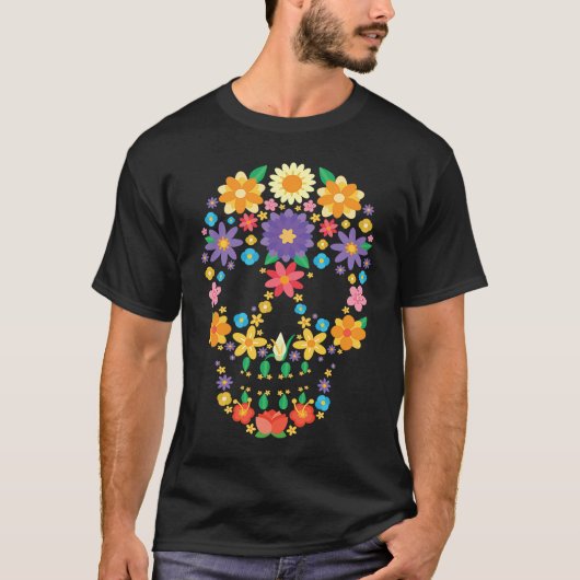 Flower Sugar Skull Halloween Day of Dead Costume Tシャツ (正面)