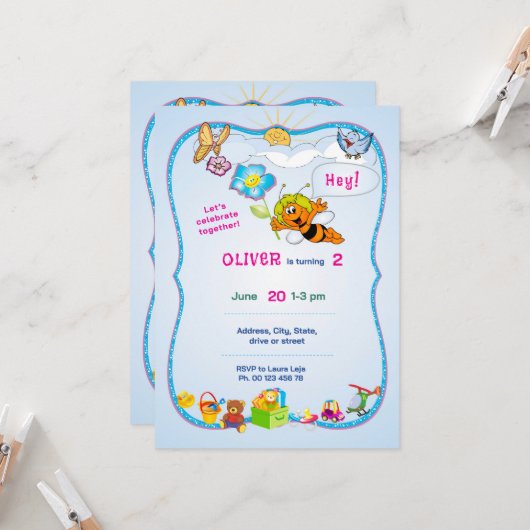 Flowered Theme invitaion. Kids party. 招待状 (正面/裏面インサイチュ)