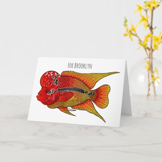 Flowerhorn cichlid fish cartoon illustration カード (黄色い花)