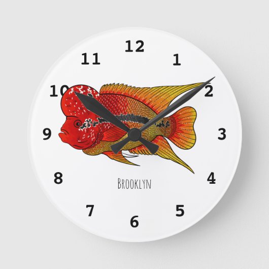 Flowerhorn cichlid fish cartoon illustration ラウンド壁時計 (正面)