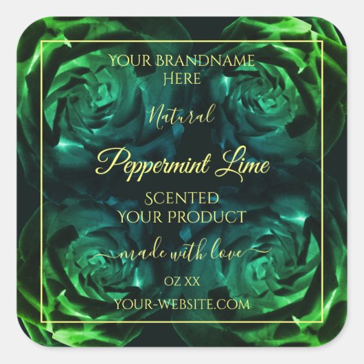 Flowering Dark Greenおよびティール（緑がかった色）バラ製品ラベル スクエアシール (正面)