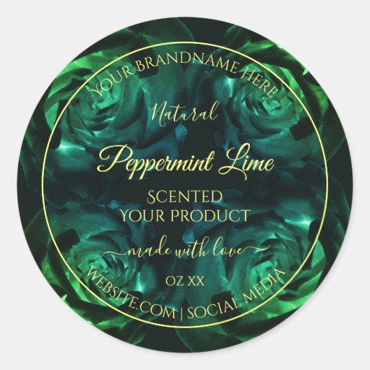 Flowering Dark Greenおよびティール（緑がかった色）バラ製品ラベル ラウンドシール (正面)