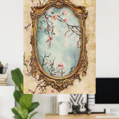 flowering Japanese peach branches and antique text ポスター (ホームオフィス)