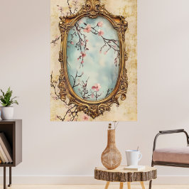 flowering Japanese peach branches and antique text ポスター