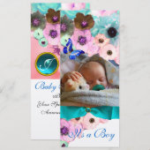 FLOWERS 、ブルーバタフライ ベイビーシャワーフォトテンプレート 招待状 (正面/裏面)