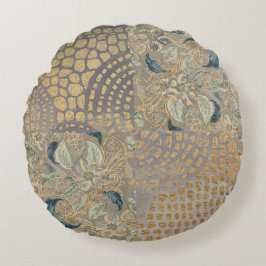 Flowers and Golden Giraffe Skin, Grey Background ラウンドクッション