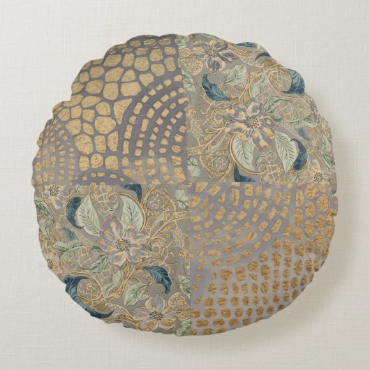 Flowers and Golden Giraffe Skin, Grey Background ラウンドクッション (正面)