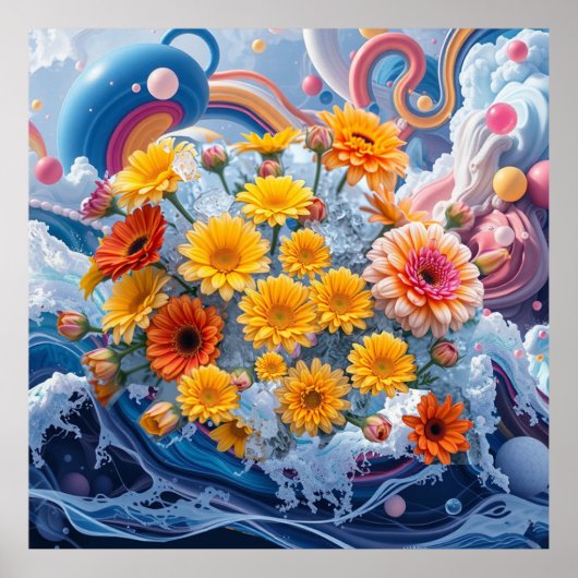Flowers and Ocean Waves ポスター (正面)