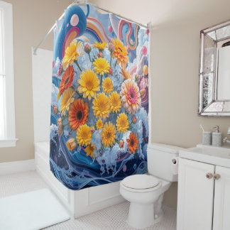 Flowers and Ocean Waves Greeting Cards シャワーカーテン