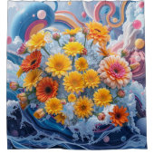Flowers and Ocean Waves Greeting Cards シャワーカーテン (正面)