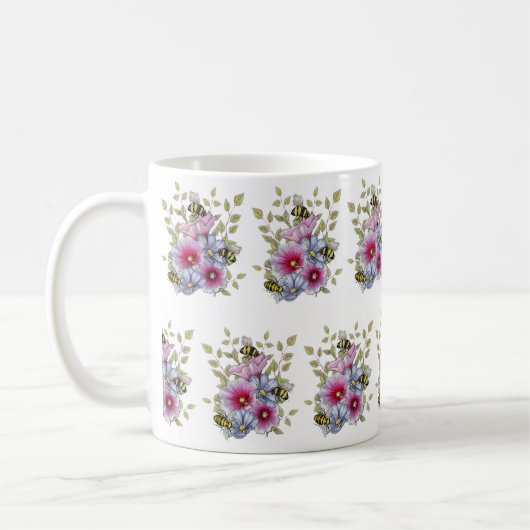 FLOWERS & BEES Digital Drawing, Pink Hollyhocks コーヒーマグカップ (左)