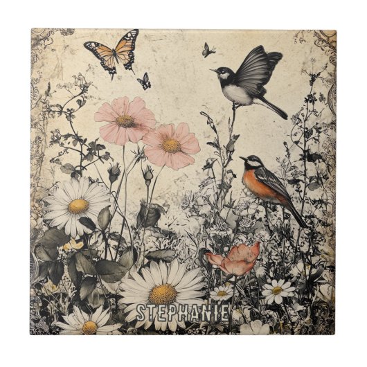 Flowers, Birds & Butterfly on Aged Paper (1) タイル (正面)