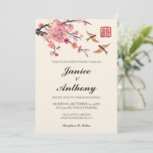 Flowers birds modern bilingual Chinese wedding  招待状 (スタンド正面)