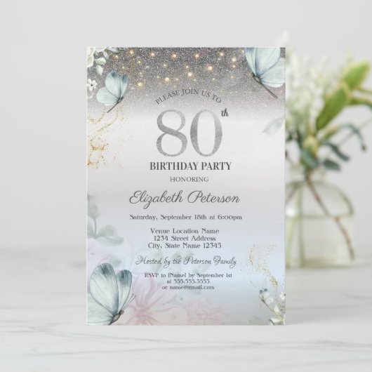 Flowers Blue Butterflies Silver 80th Birthday 招待状 (スタンド正面)