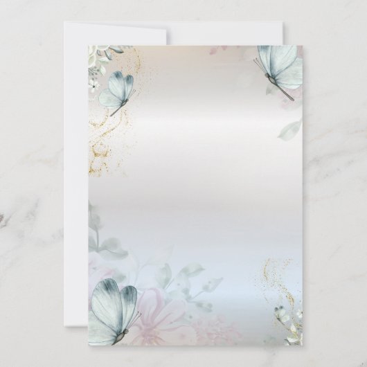 Flowers Blue Butterflies Silver 80th Birthday 招待状 (裏面)