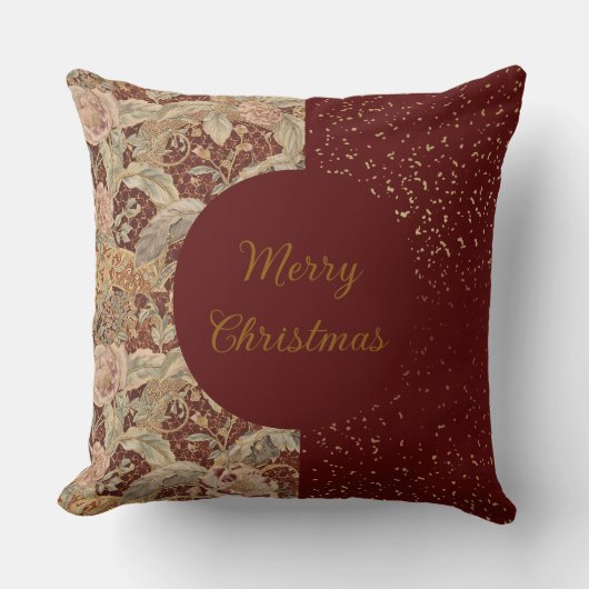 Flowers,Burgundi Red Gold Glitter, Merry Christmas クッション (正面)