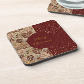 Flowers,Burgundi Red Gold Glitter, Merry Christmas コースター (左側)