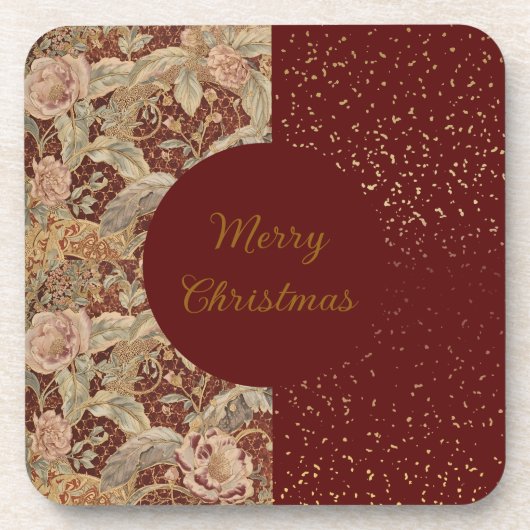 Flowers,Burgundi Red Gold Glitter, Merry Christmas コースター (正面)